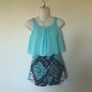Teal Romper With Blue, White, and Teal Pattern
